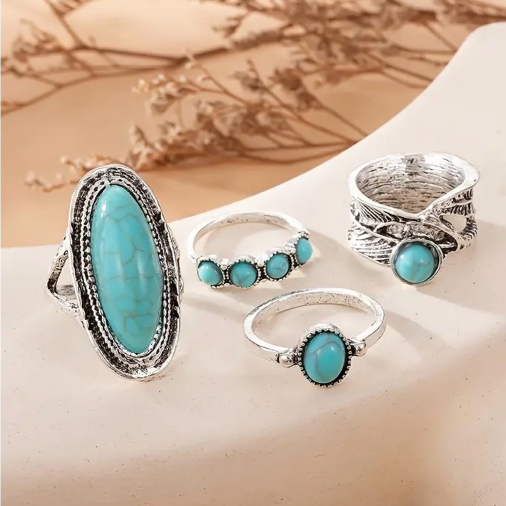 Turquoise Boho Retro Style 4 Piece Women’s Fashion Ring Set